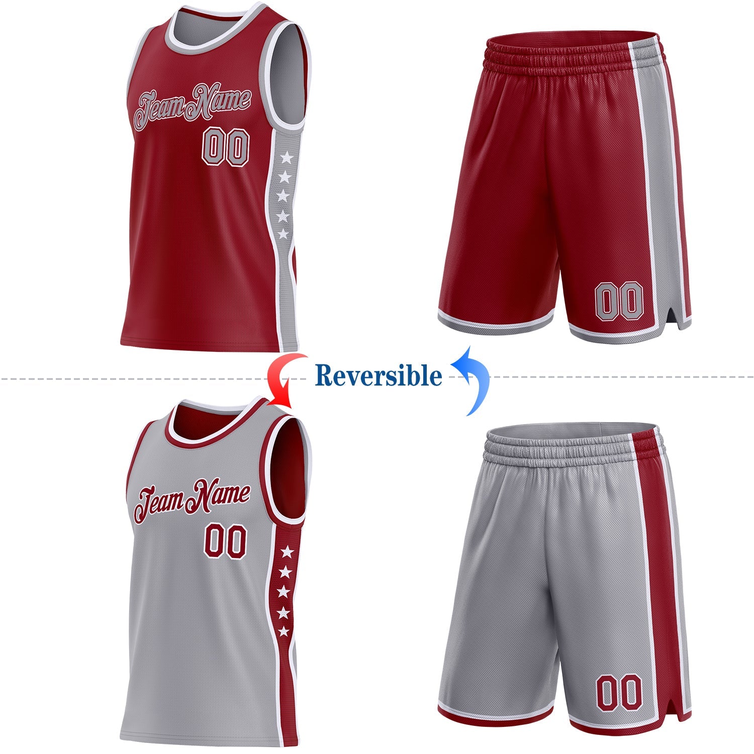 Custom Reversible Crimson Gray-White Double Side Star Sublimation Basketball Set Jersey