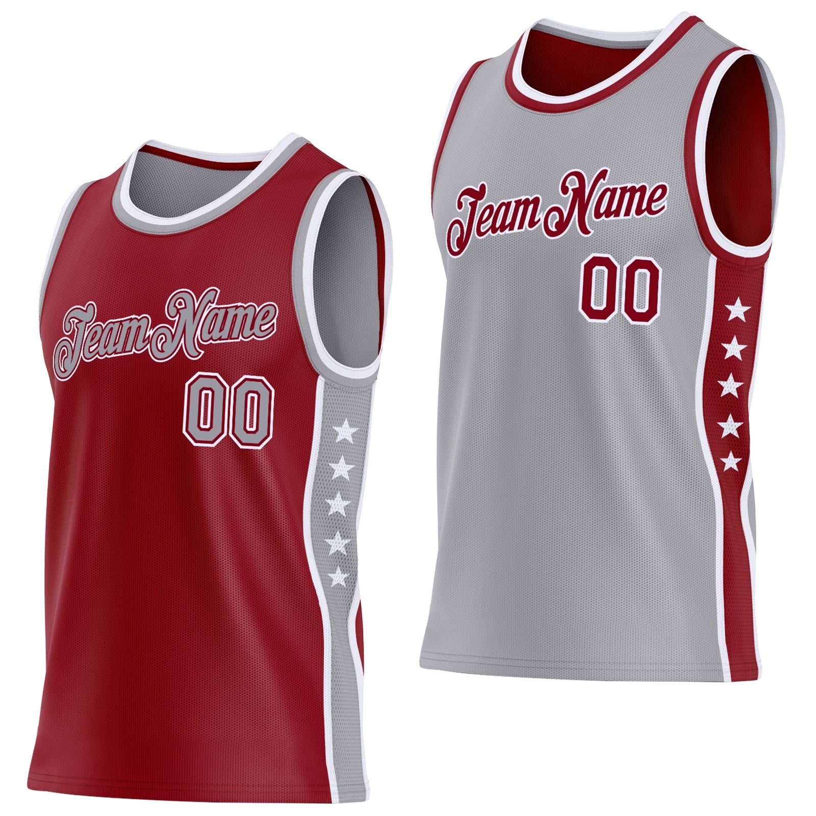 Custom Reversible Crimson Gray-White Double Side Star Sublimation Basketball Set Jersey