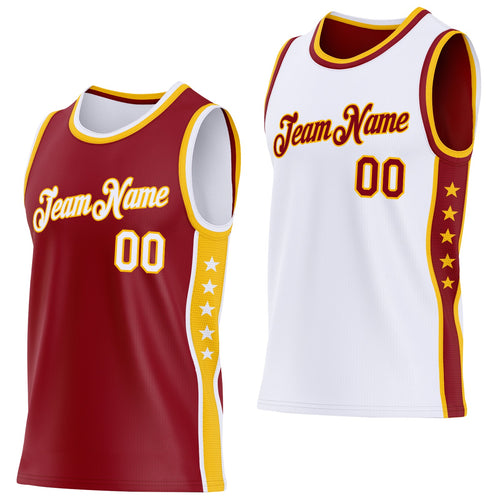 Custom Reversible Crimson White-Gold Double Side Star Sublimation Basketball Set Jersey