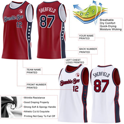 Custom Reversible Crimson Navy-White Double Side Star Sublimation Basketball Set Jersey