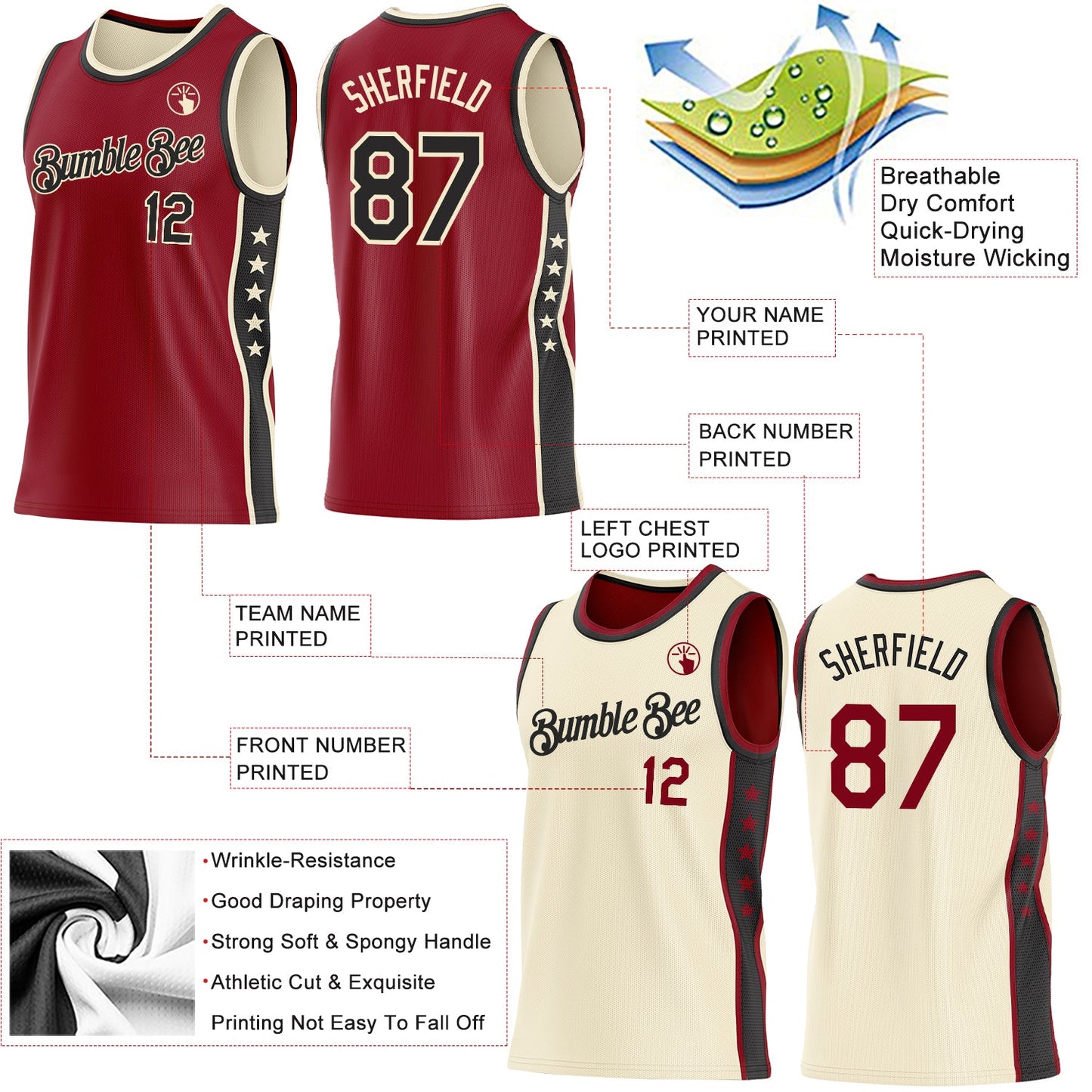 Custom Reversible Crimson Black-Cream Double Side Star Sublimation Basketball Set Jersey