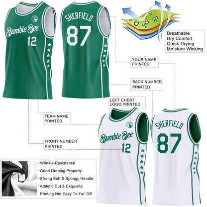 Custom Reversible Kelly Green White Double Side Star Sublimation Basketball Set Jersey