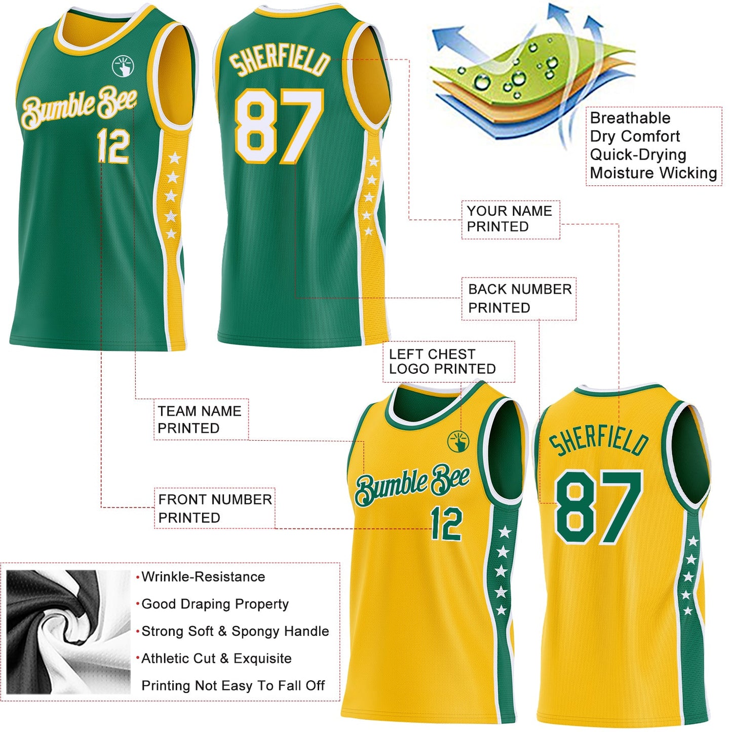 Custom Reversible Kelly Green White-Gold Double Side Star Sublimation Basketball Set Jersey
