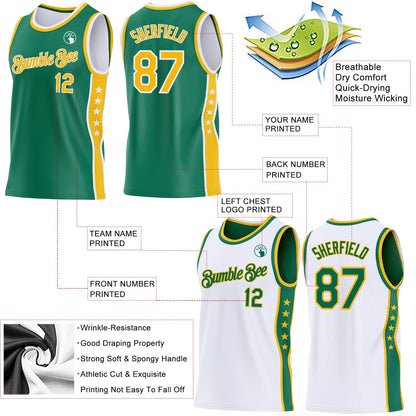 Custom Reversible Kelly Green Gold-White Double Side Star Sublimation Basketball Set Jersey