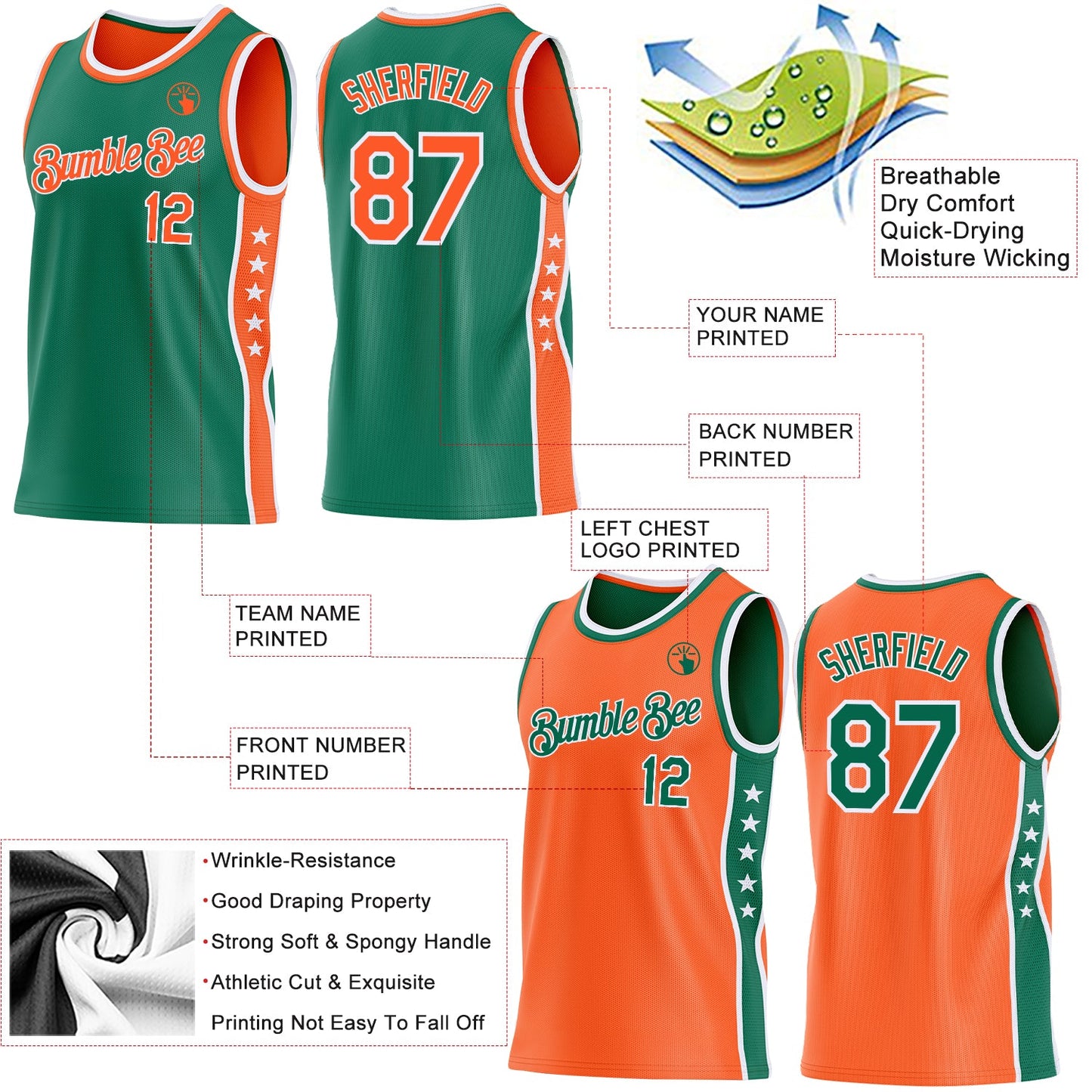Custom Reversible Kelly Green Orange-White Double Side Star Sublimation Basketball Set Jersey