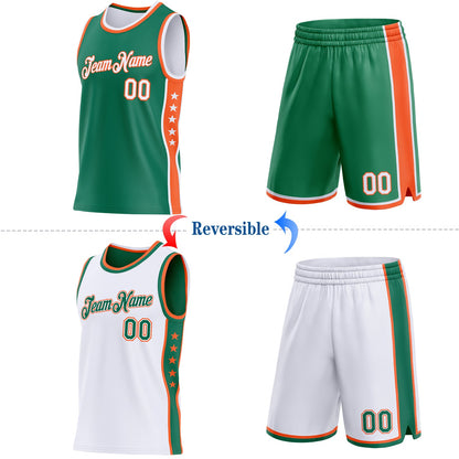 Custom Reversible Kelly Green White-Orange Double Side Star Sublimation Basketball Set Jersey