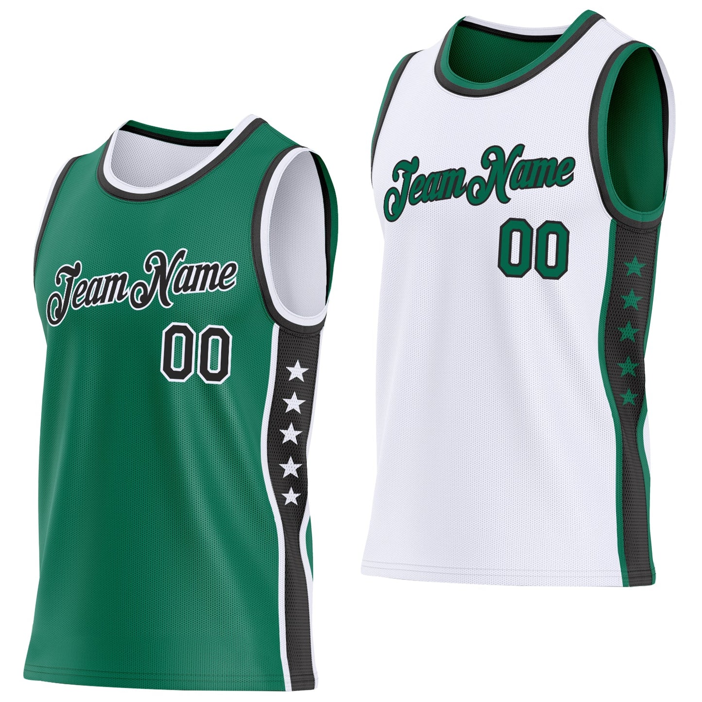 Custom Reversible Kelly Green Black-White Double Side Star Sublimation Basketball Set Jersey