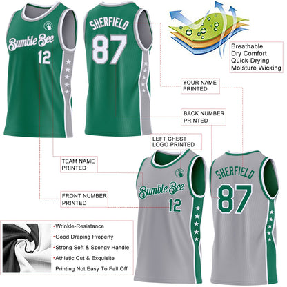Custom Reversible Kelly Green White-Gray Double Side Star Sublimation Basketball Set Jersey