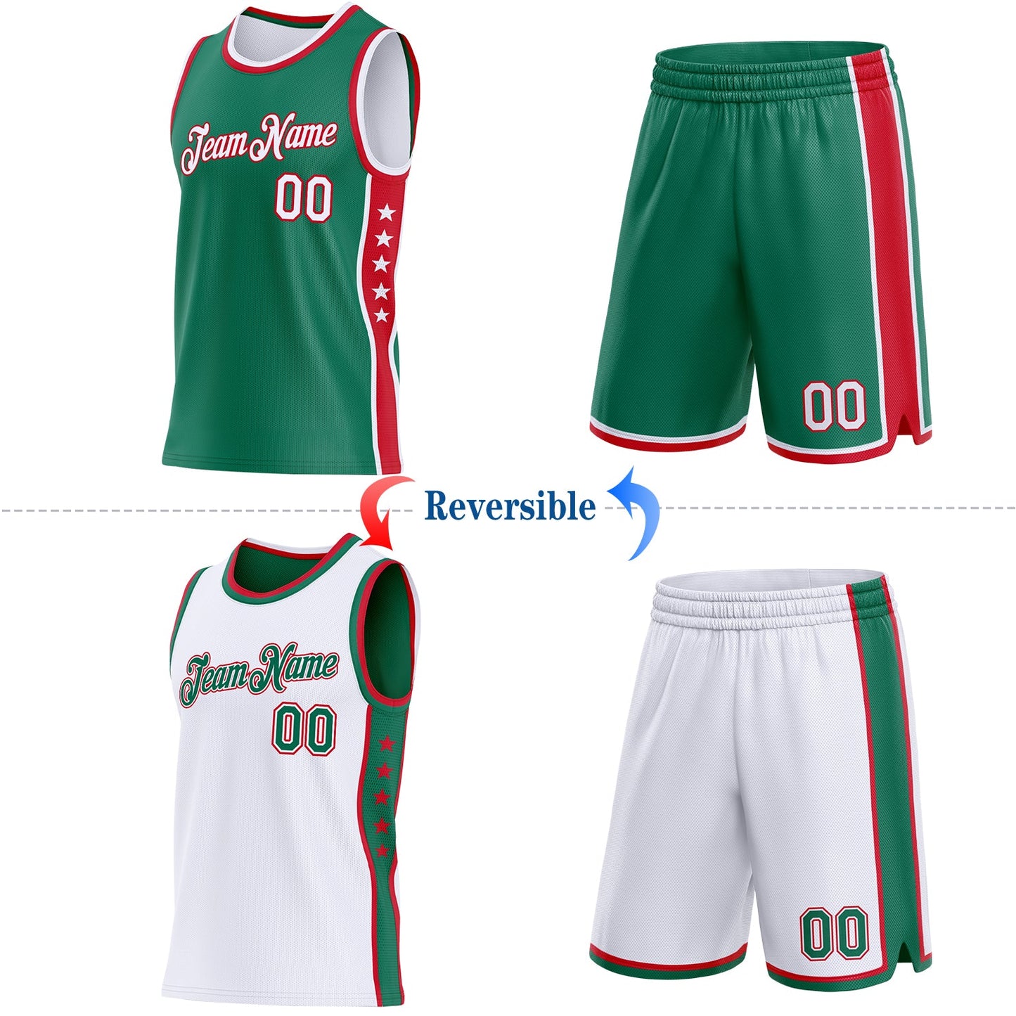 Custom Reversible Kelly Green White-Red Double Side Star Sublimation Basketball Set Jersey