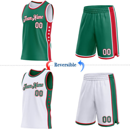 Custom Reversible Kelly Green White-Red Double Side Star Sublimation Basketball Set Jersey