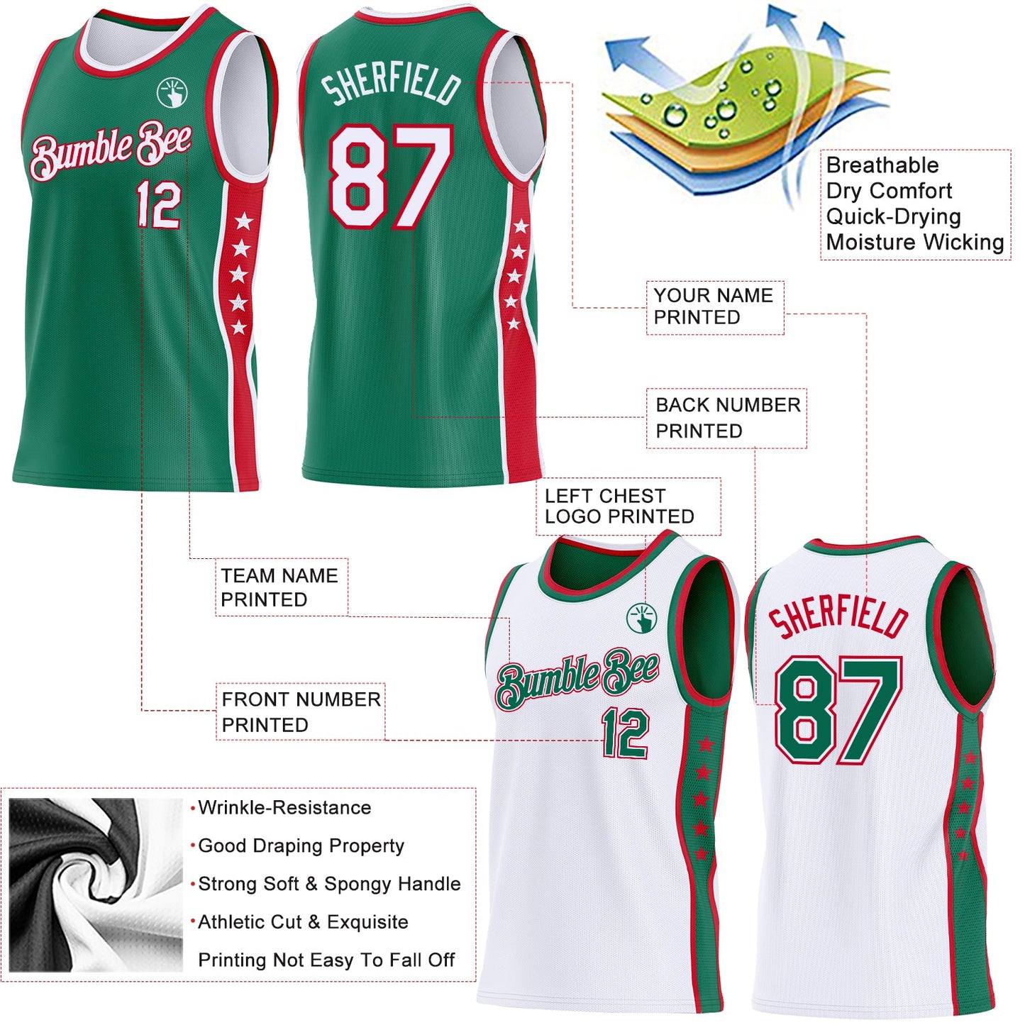 Custom Reversible Kelly Green White-Red Double Side Star Sublimation Basketball Set Jersey