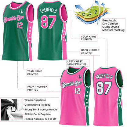 Custom Reversible Kelly Green Pink-White Double Side Star Sublimation Basketball Set Jersey