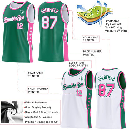 Custom Reversible Kelly Green White-Pink Double Side Star Sublimation Basketball Set Jersey