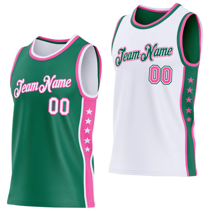 Custom Reversible Kelly Green White-Pink Double Side Star Sublimation Basketball Set Jersey
