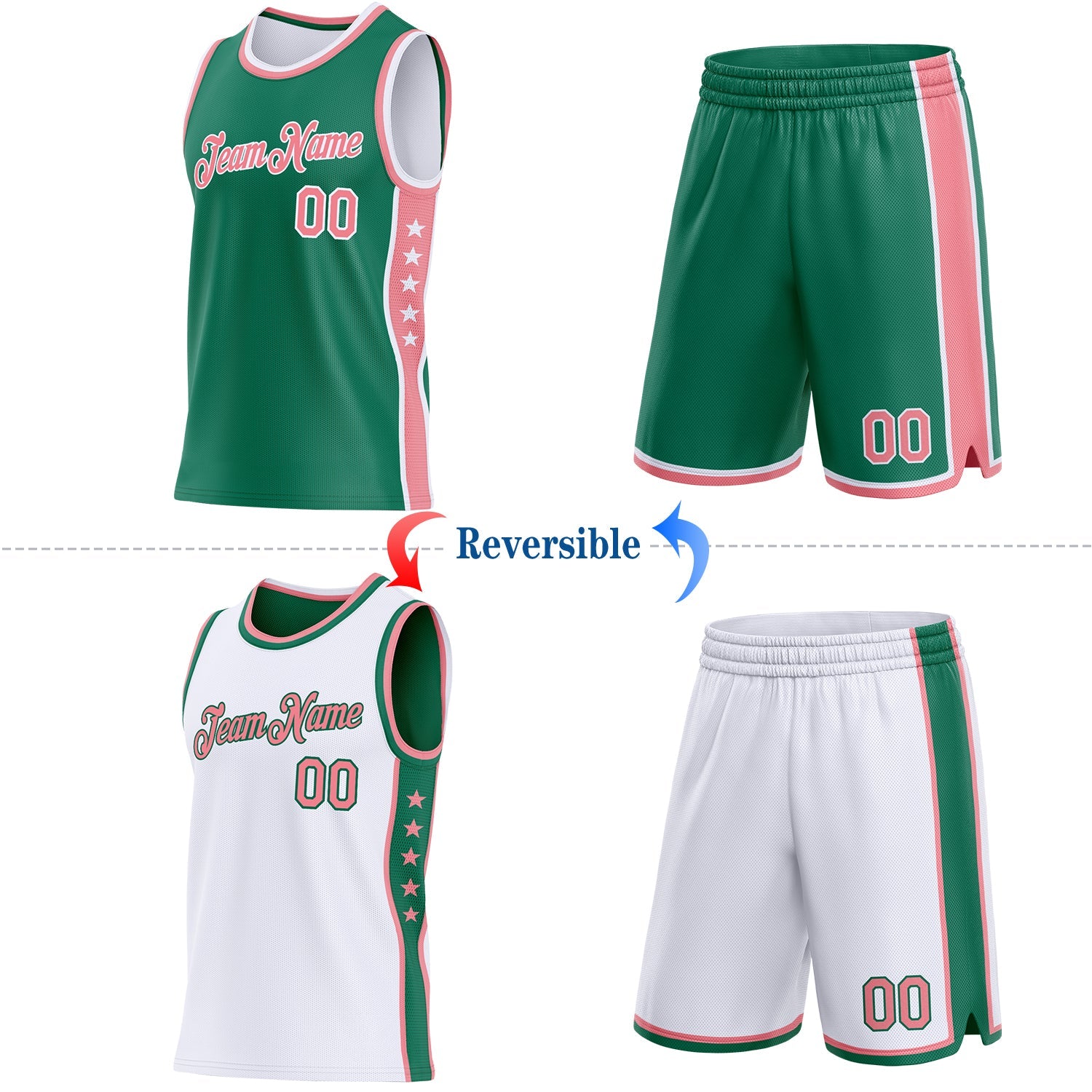 Custom Reversible Kelly Green Medium Pink-White Double Side Star Sublimation Basketball Set Jersey