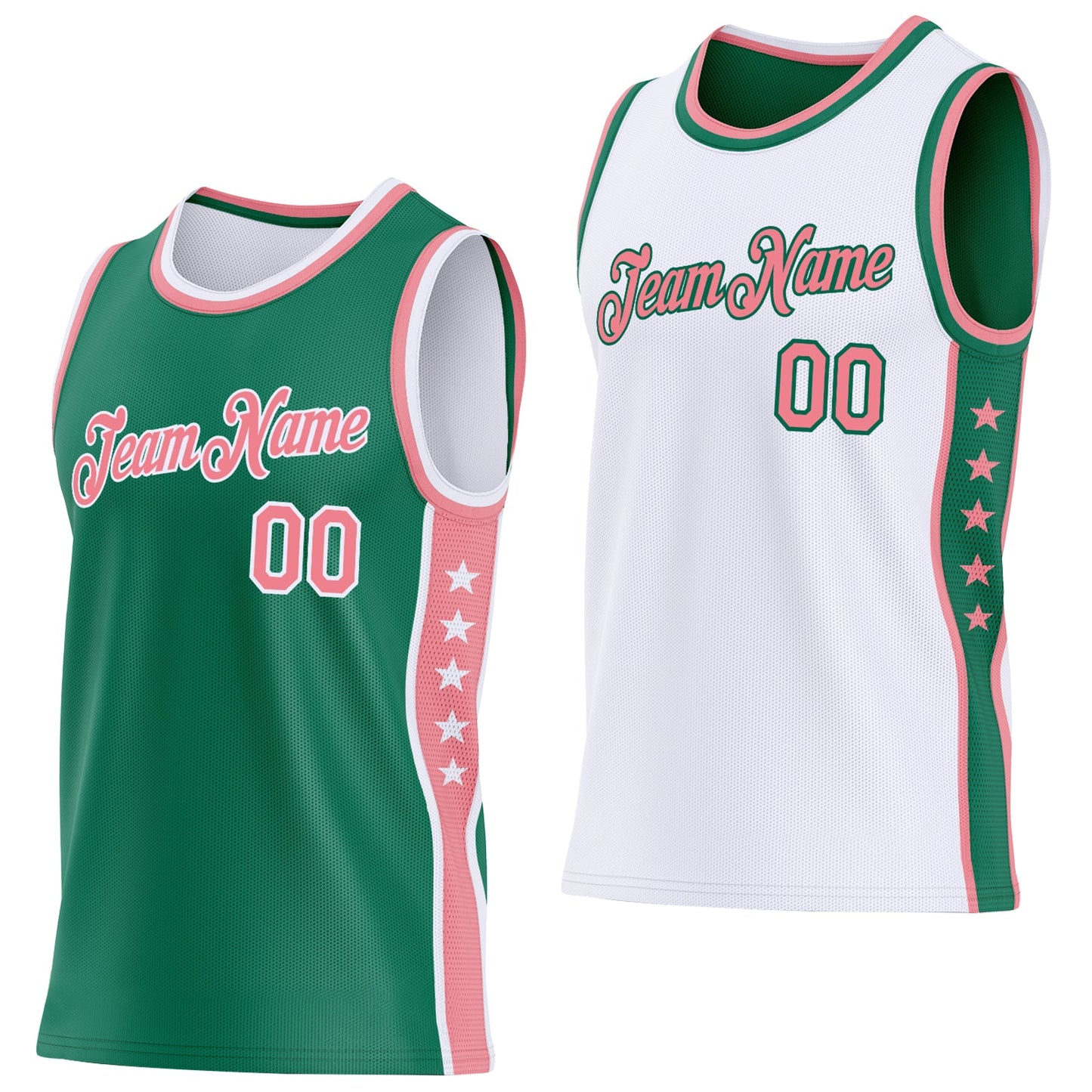 Custom Reversible Kelly Green Medium Pink-White Double Side Star Sublimation Basketball Set Jersey
