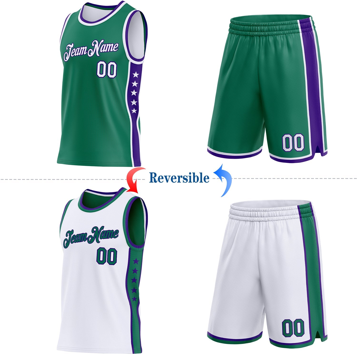 Custom Reversible Kelly Green White-Purple Double Side Star Sublimation Basketball Set Jersey