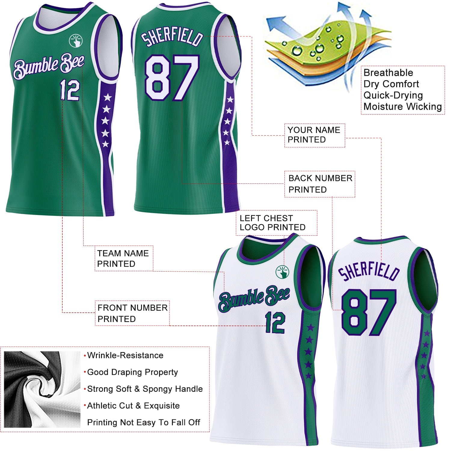 Custom Reversible Kelly Green White-Purple Double Side Star Sublimation Basketball Set Jersey