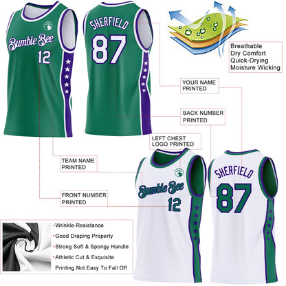 Custom Reversible Kelly Green White-Purple Double Side Star Sublimation Basketball Set Jersey