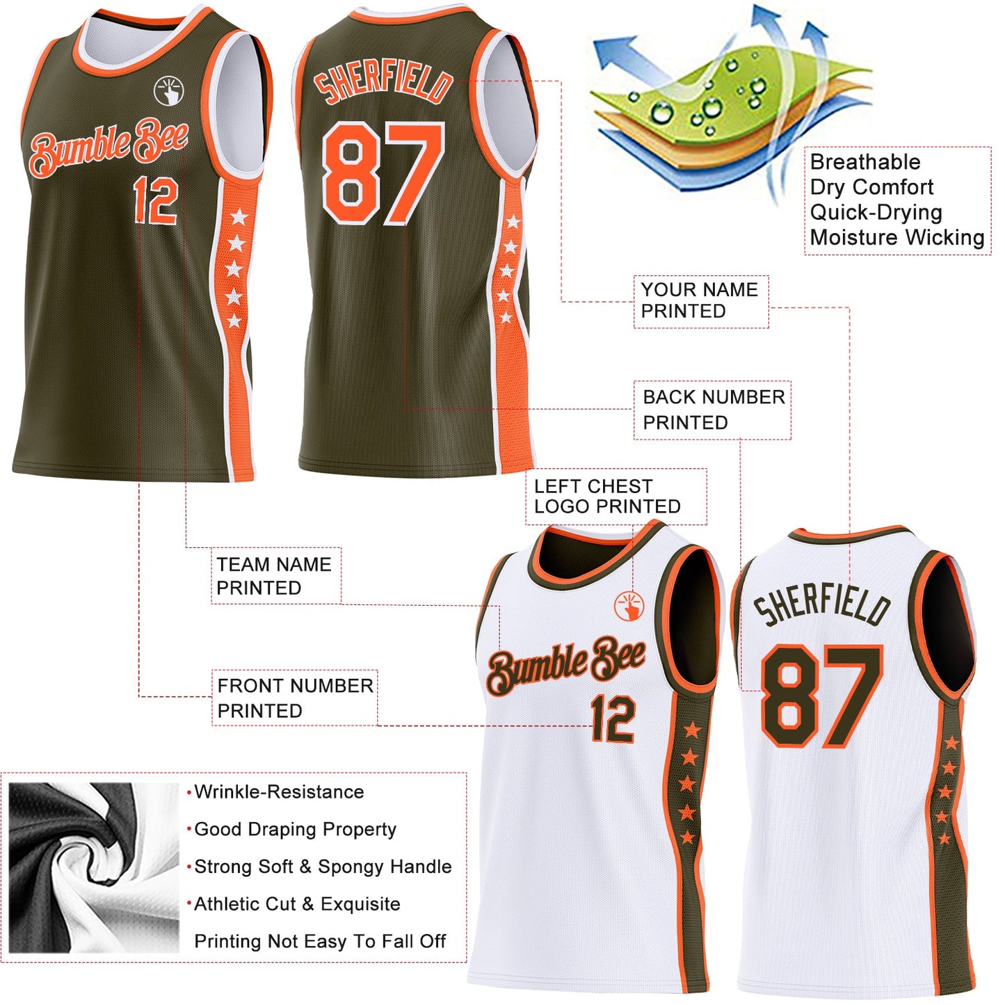 Custom Reversible Olive Orange-White Double Side Star Sublimation Basketball Set Jersey