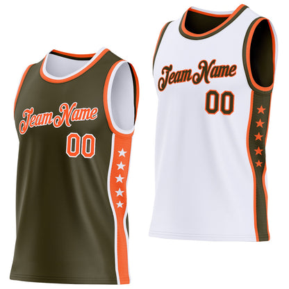 Custom Reversible Olive Orange-White Double Side Star Sublimation Basketball Set Jersey