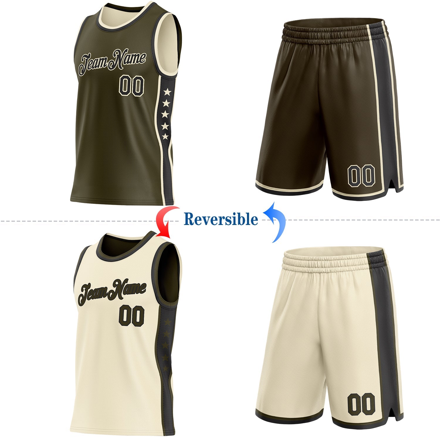 Custom Reversible Olive Black-Cream Double Side Star Sublimation Basketball Set Jersey