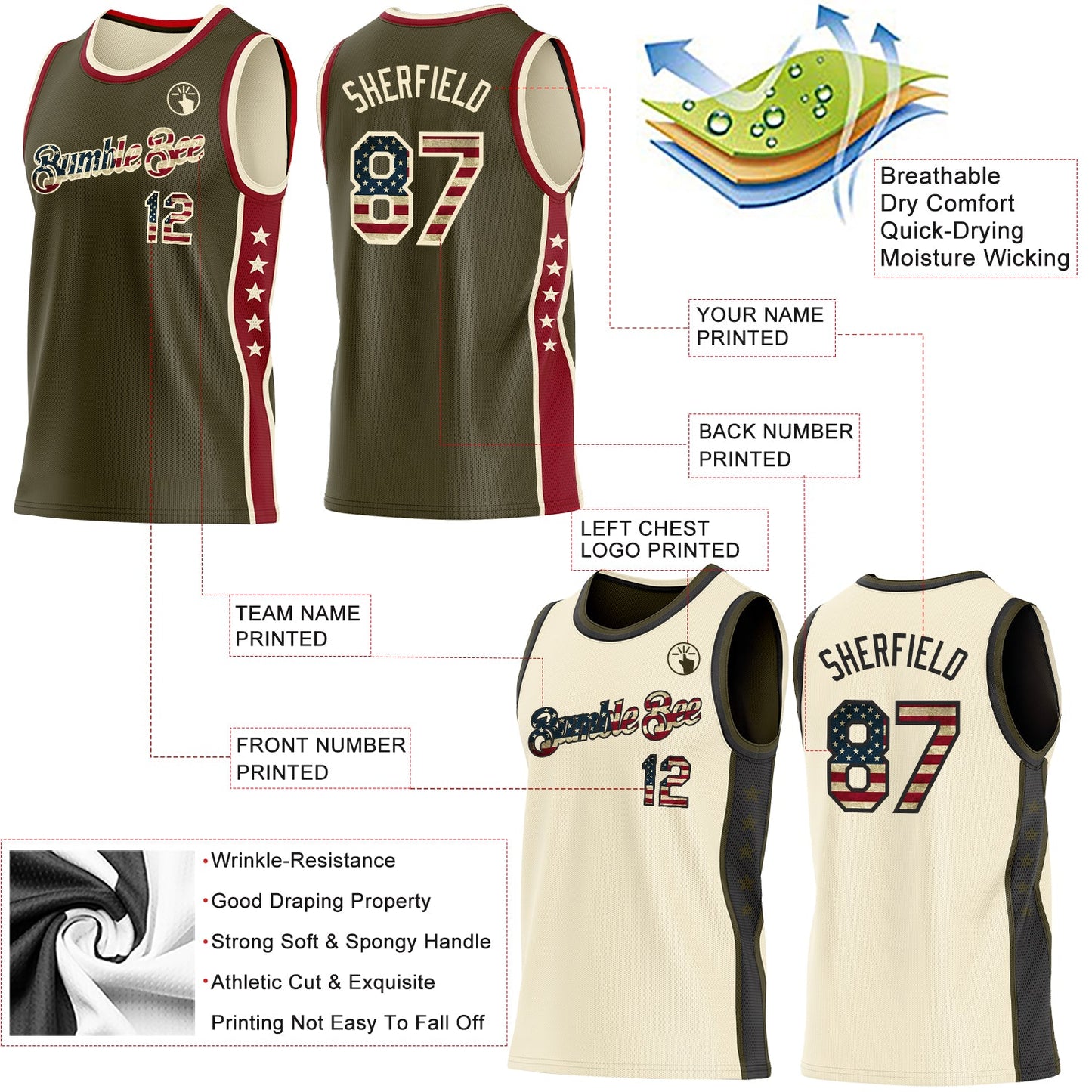 Custom Reversible Olive Vintage USA Flag-Cream Double Side Star Sublimation Basketball Set Jersey