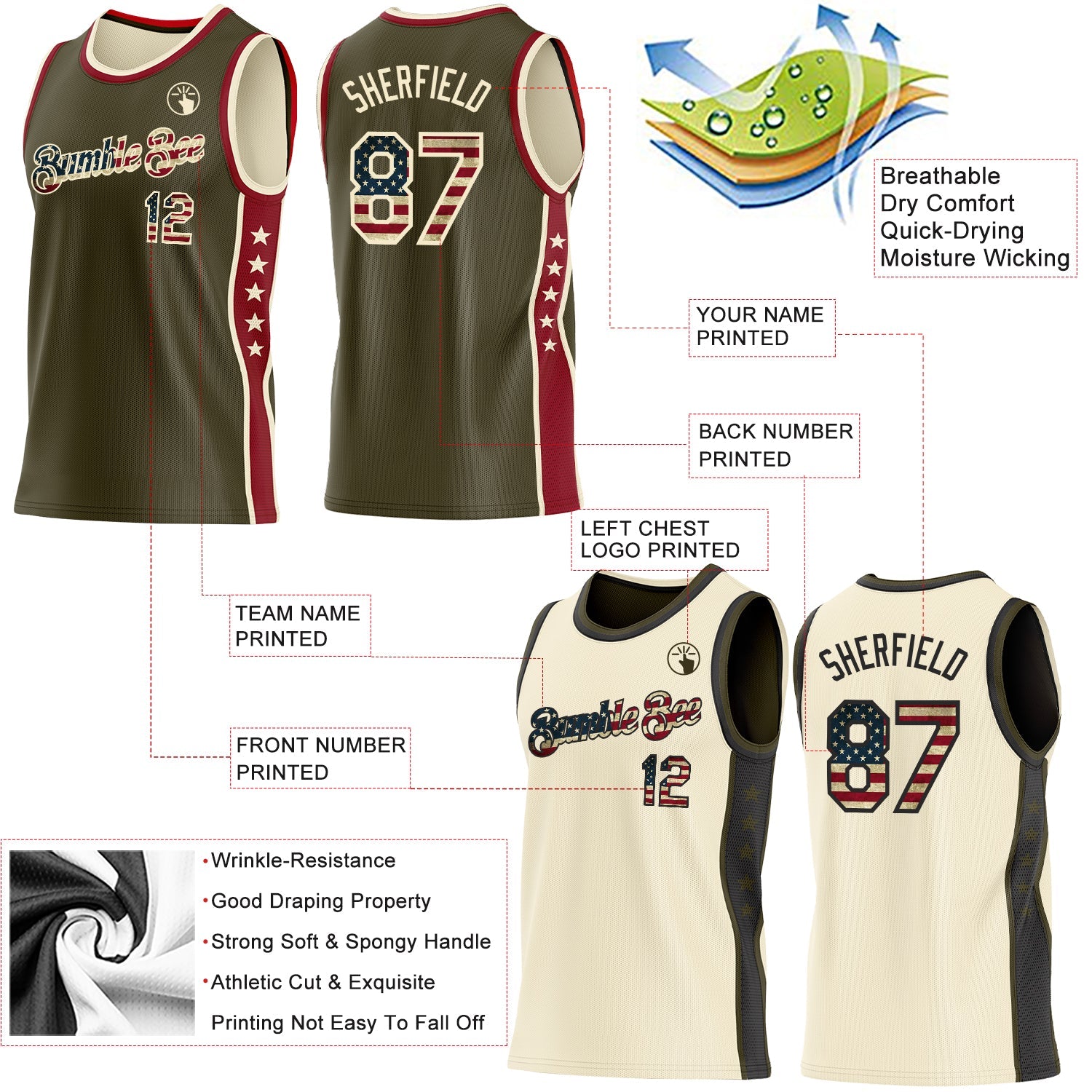 Custom Reversible Olive Vintage USA Flag-Cream Double Side Star Sublimation Basketball Set Jersey
