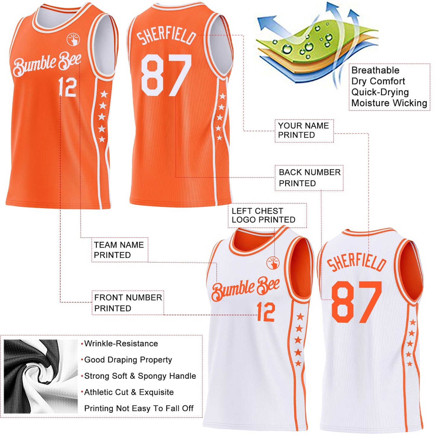 Custom Reversible Orange White Double Side Star Sublimation Basketball Set Jersey