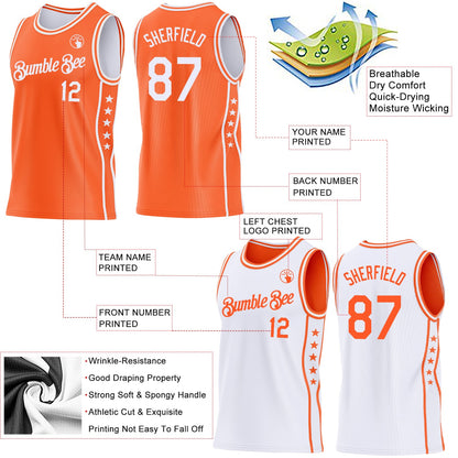 Custom Reversible Orange White Double Side Star Sublimation Basketball Set Jersey
