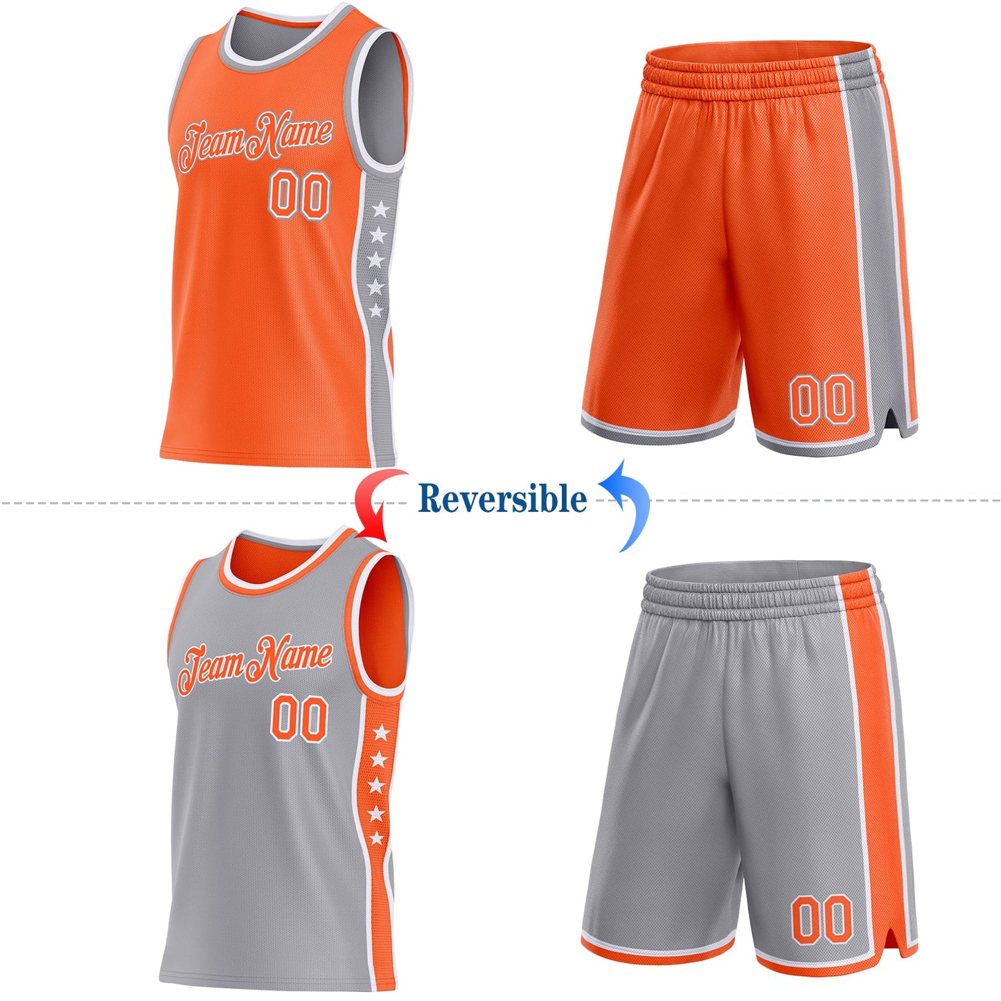 Custom Reversible Orange White-Gray Double Side Star Sublimation Basketball Set Jersey