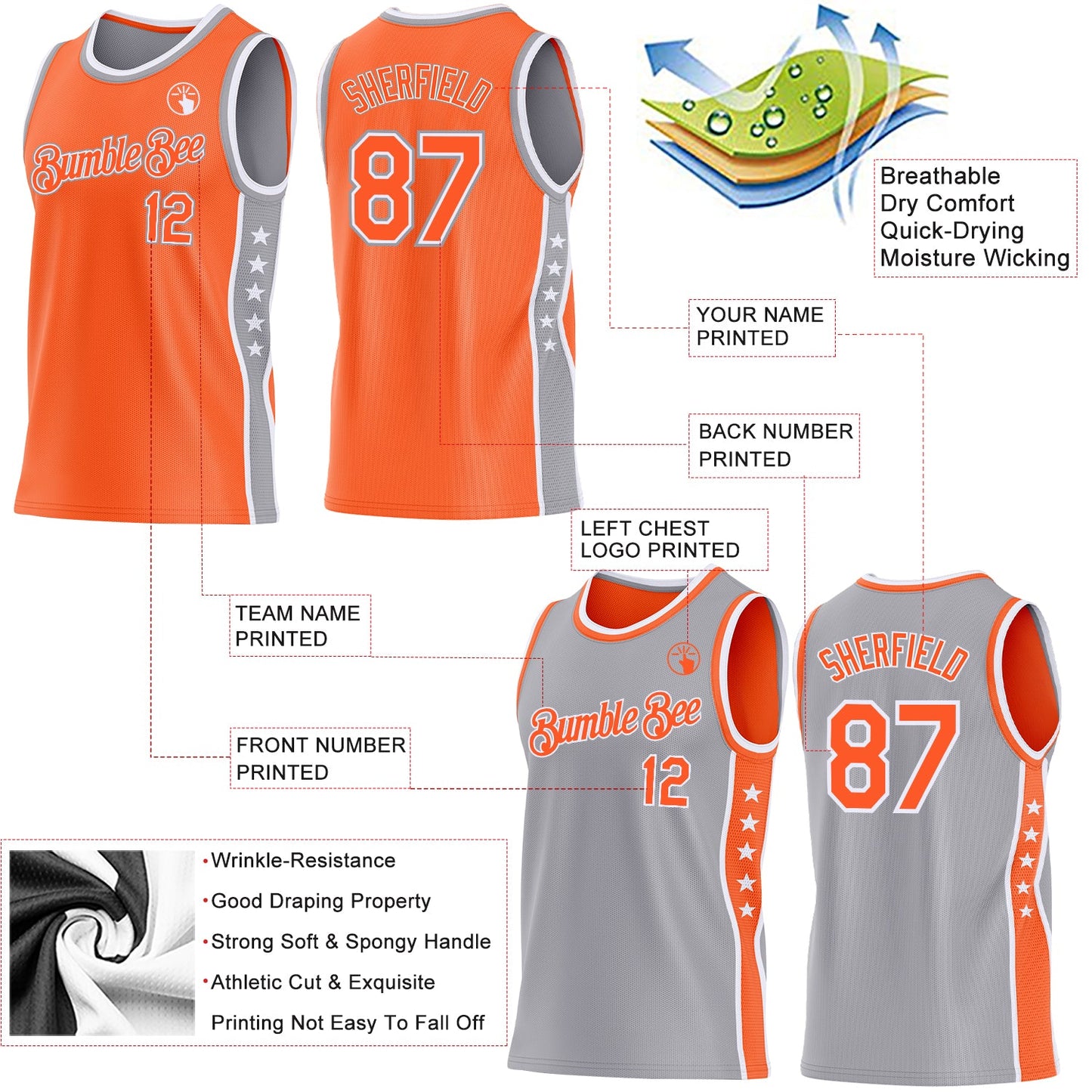 Custom Reversible Orange White-Gray Double Side Star Sublimation Basketball Set Jersey