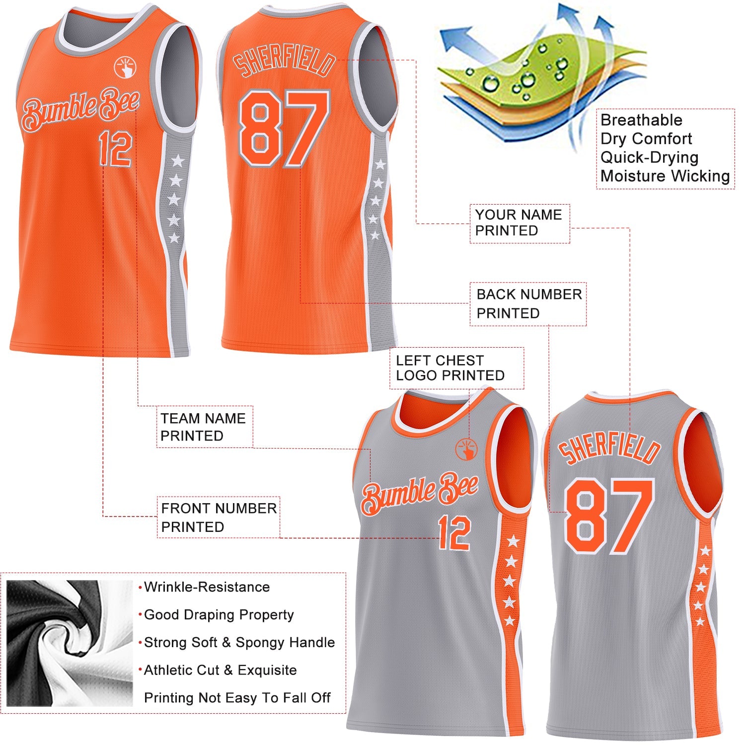 Custom Reversible Orange White-Gray Double Side Star Sublimation Basketball Set Jersey