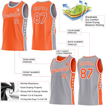Custom Reversible Orange White-Gray Double Side Star Sublimation Basketball Set Jersey