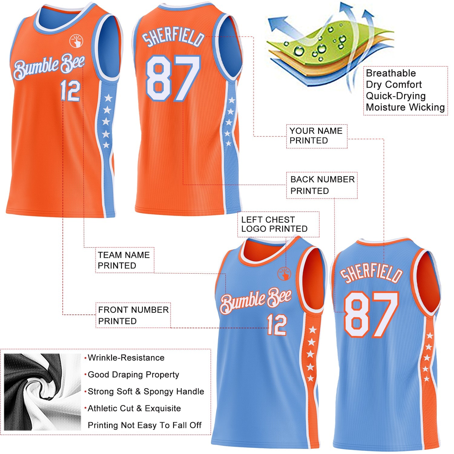 Custom Reversible Orange White-Lakes Blue Double Side Star Sublimation Basketball Set Jersey