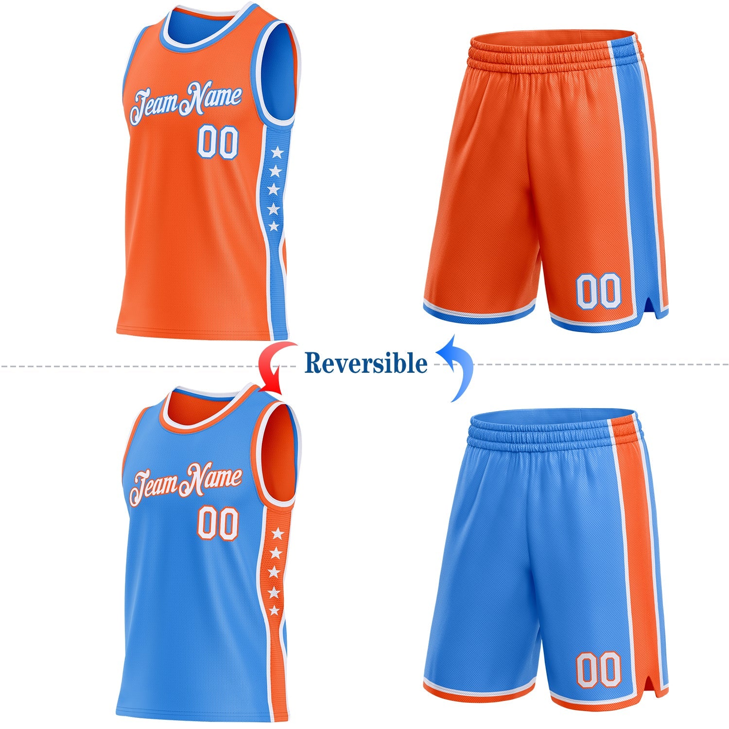 Custom Reversible Orange White-Powder Blue Double Side Star Sublimation Basketball Set Jersey