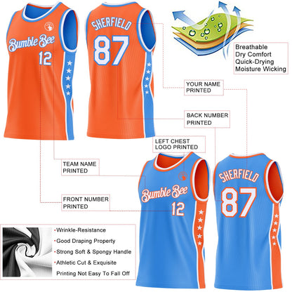 Custom Reversible Orange White-Powder Blue Double Side Star Sublimation Basketball Set Jersey