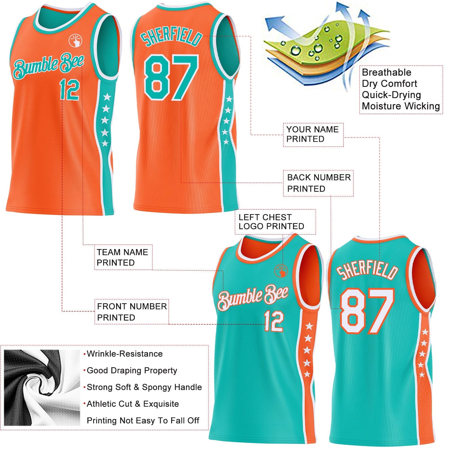 Custom Reversible Orange Aqua-White Double Side Star Sublimation Basketball Set Jersey