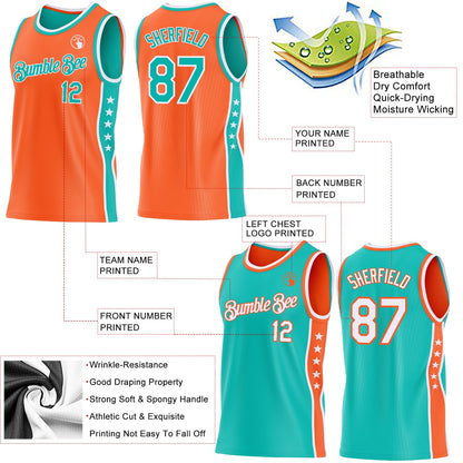 Custom Reversible Orange Aqua-White Double Side Star Sublimation Basketball Set Jersey