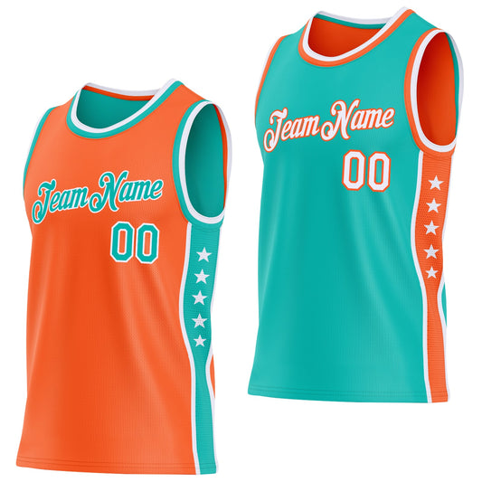 Custom Reversible Orange Aqua-White Double Side Star Sublimation Basketball Set Jersey