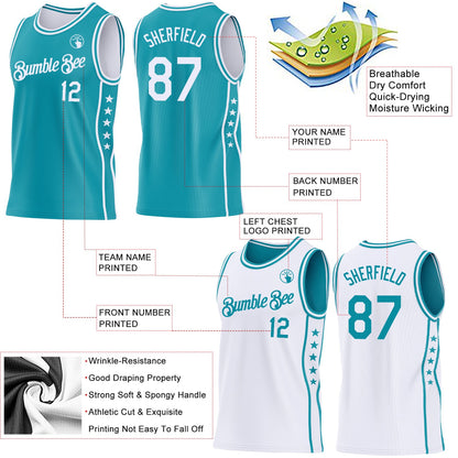 Custom Reversible Teal White Double Side Star Sublimation Basketball Set Jersey