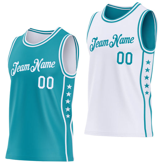 Custom Reversible Teal White Double Side Star Sublimation Basketball Set Jersey