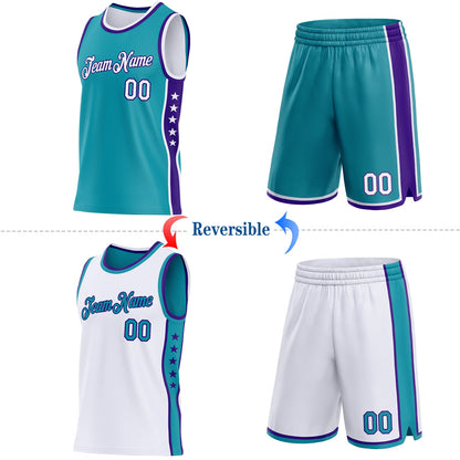 Custom Reversible Teal White-Purple Double Side Star Sublimation Basketball Set Jersey