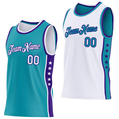 Custom Reversible Teal White-Purple Double Side Star Sublimation Basketball Set Jersey