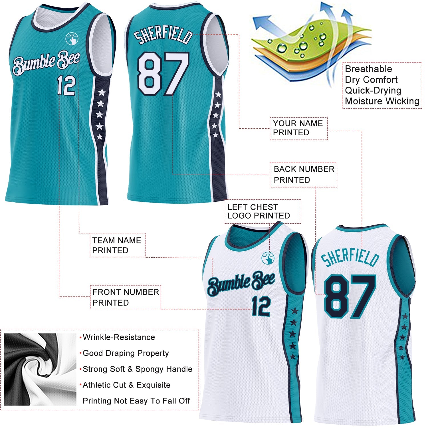 Custom Reversible Teal White-Navy Double Side Star Sublimation Basketball Set Jersey