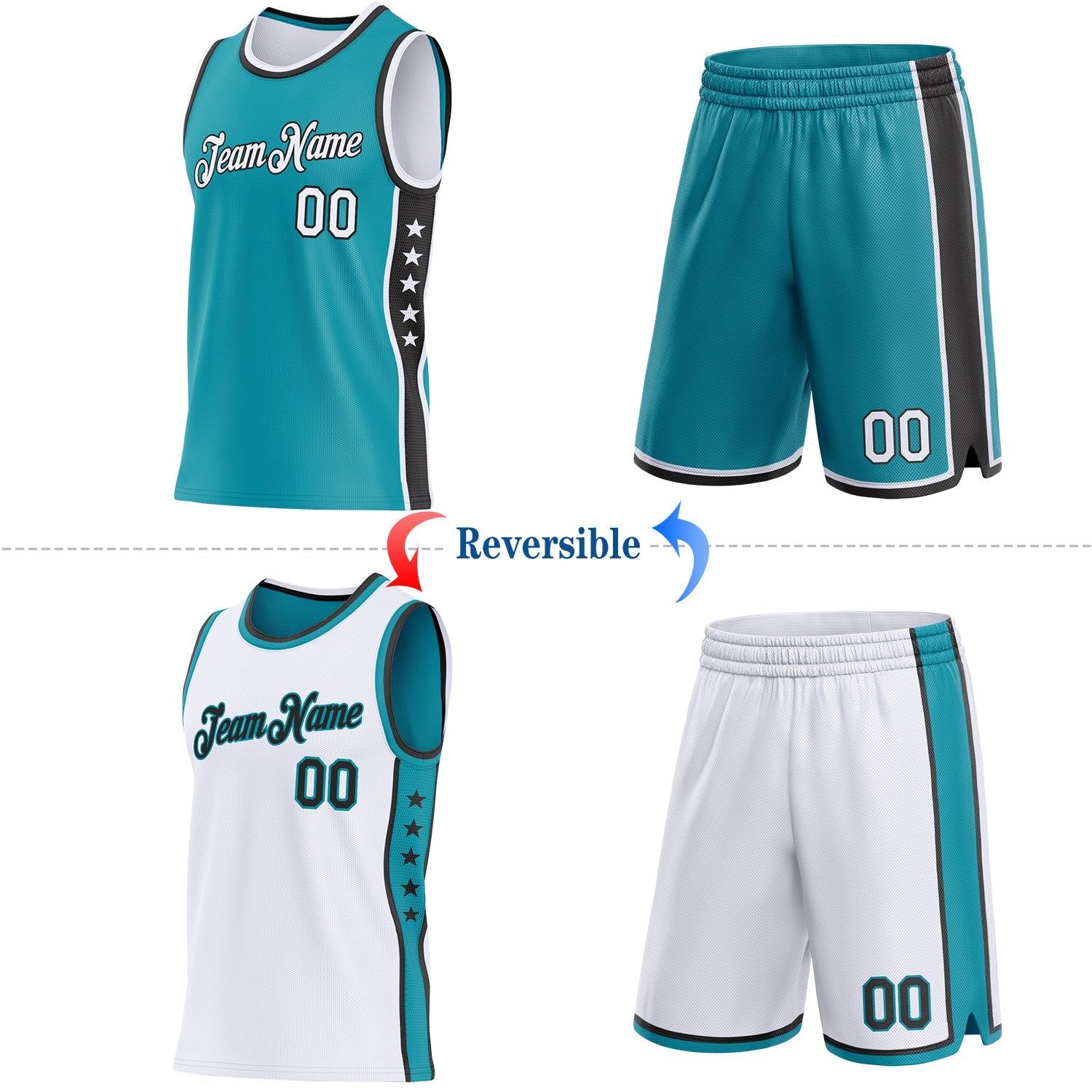 Custom Reversible Teal White-Black Double Side Star Sublimation Basketball Set Jersey