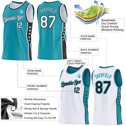 Custom Reversible Teal White-Black Double Side Star Sublimation Basketball Set Jersey
