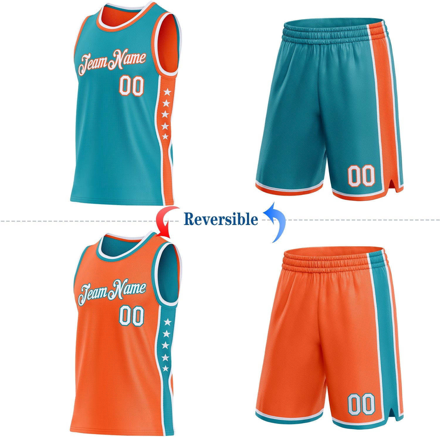 Custom Reversible Teal White-Orange Double Side Star Sublimation Basketball Set Jersey
