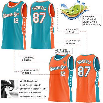 Custom Reversible Teal White-Orange Double Side Star Sublimation Basketball Set Jersey