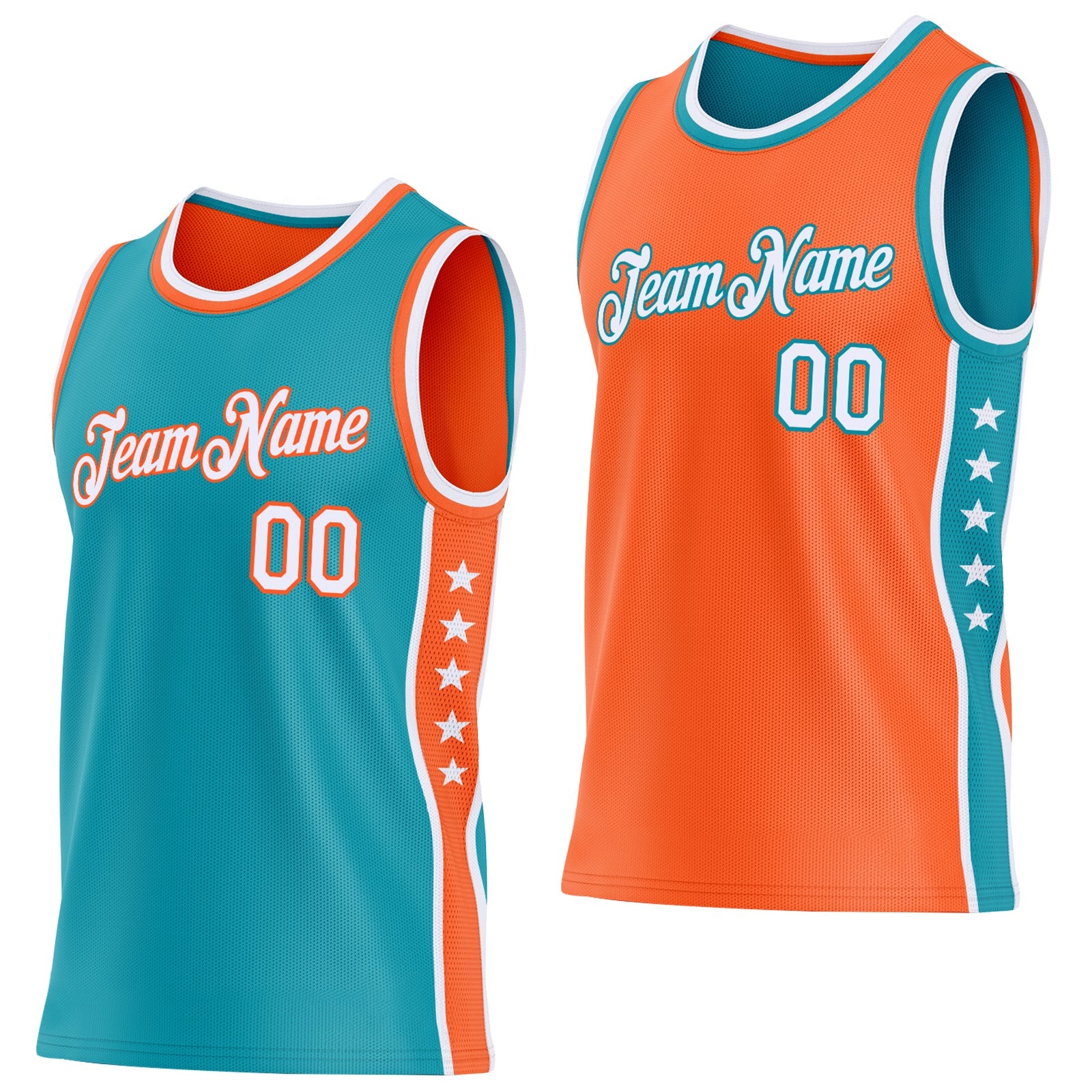 Custom Reversible Teal White-Orange Double Side Star Sublimation Basketball Set Jersey
